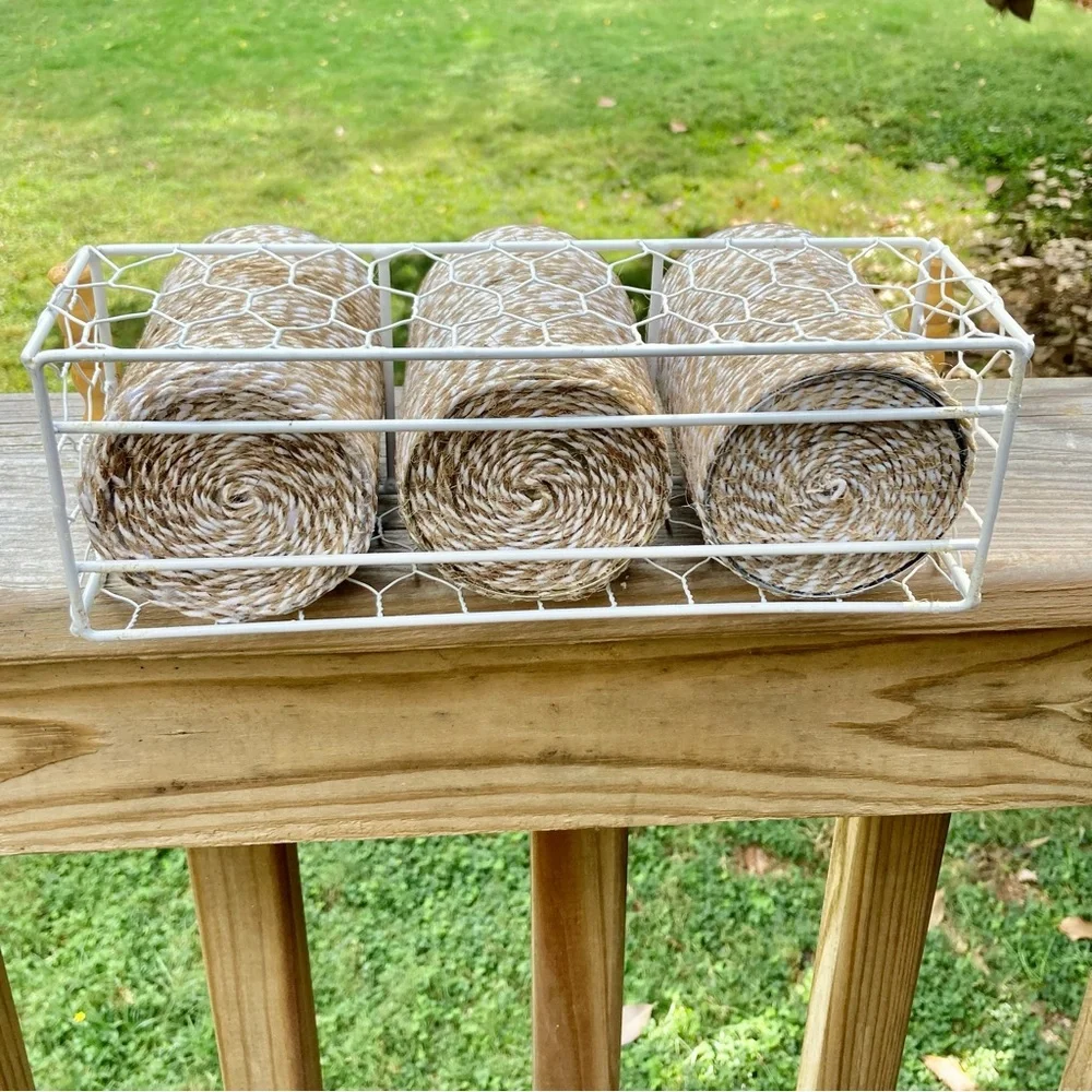 Farmhouse Shabby Chic Chicken Wire Basket Caddy Server 3 Twine Wrapped Cans